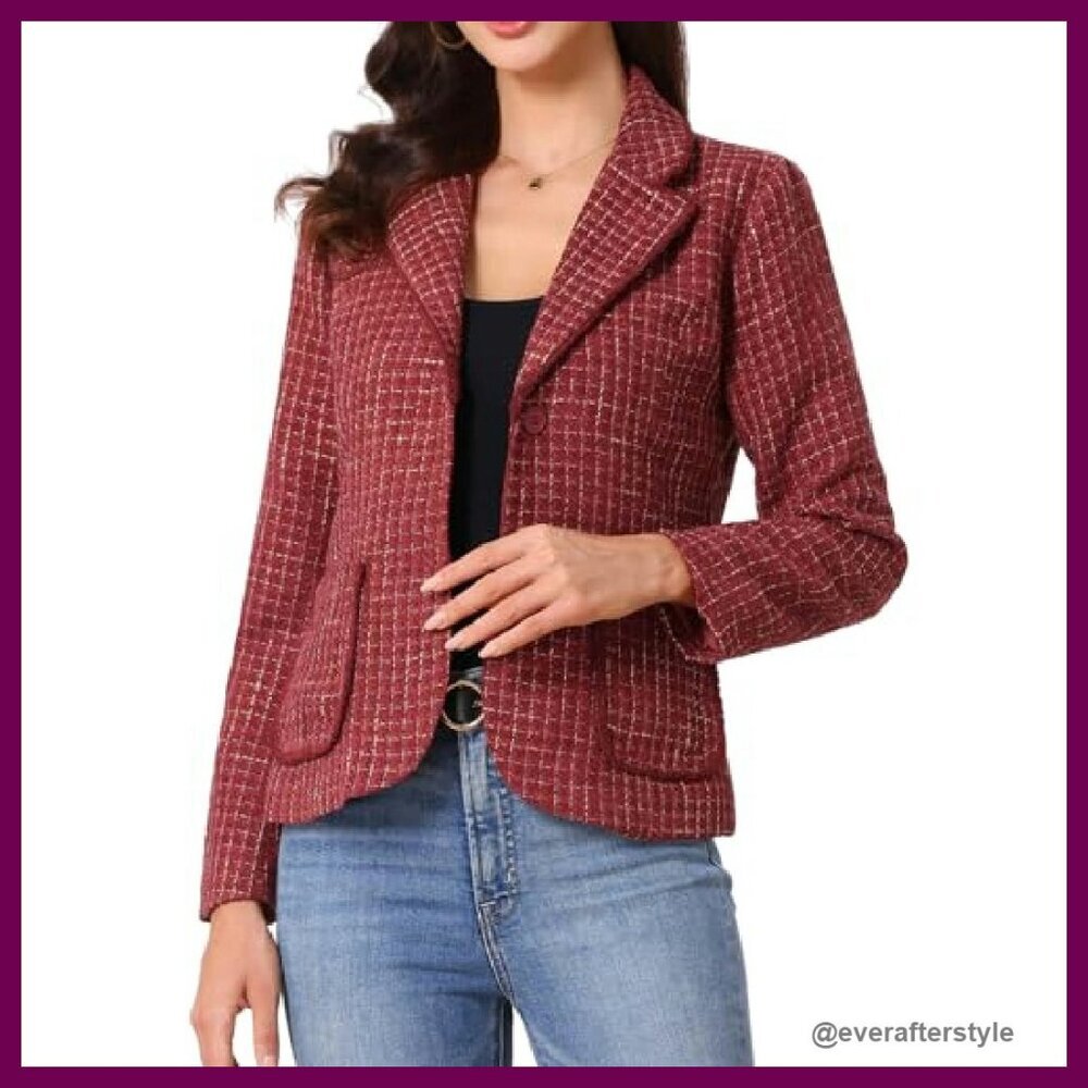 Tweed Blazer Elegant Business Casual Jacket Notch Lapel Long Sleeve - Picture 2 of 6